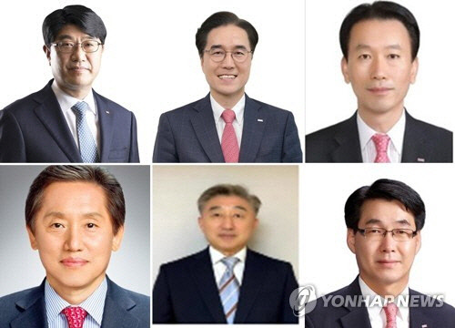 왼쪽 상단부터 시계 방향으로 방성빈 부산은행장, 예경탁 경남은행장, 김성주 캐피탈 대표, 강상길 신용정보 대표, 배상환 자산운용 대표, 김병영 투자증권 대표. 연합뉴스